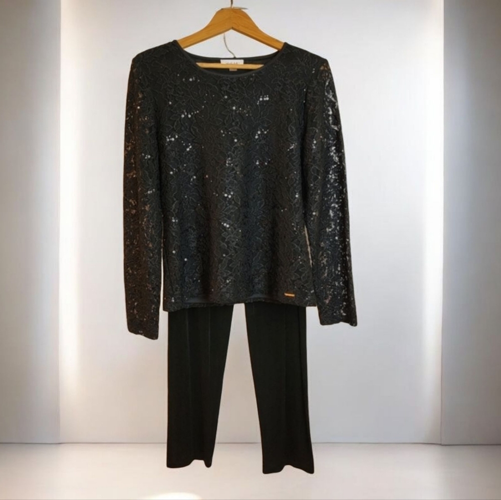 Calvin Klein Black Long-Sleeved Sequined Blouse‎ and Pants Set
